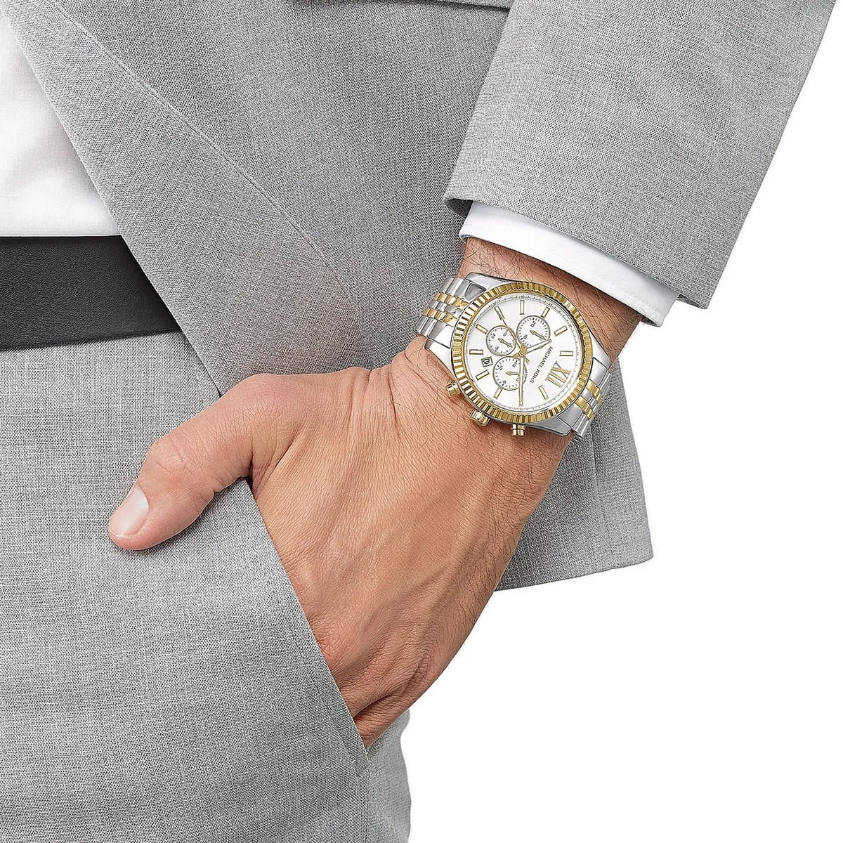 Michael Kors MK8344 men's two-tone watch with silver dial worn on wrist