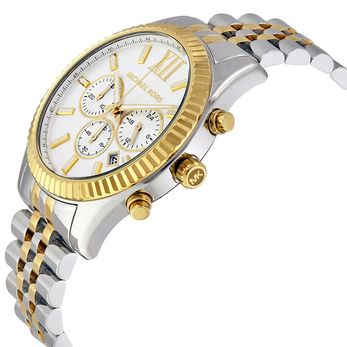 Close-up of the silver dial on Michael Kors MK8344 men's two-tone silver and gold watch