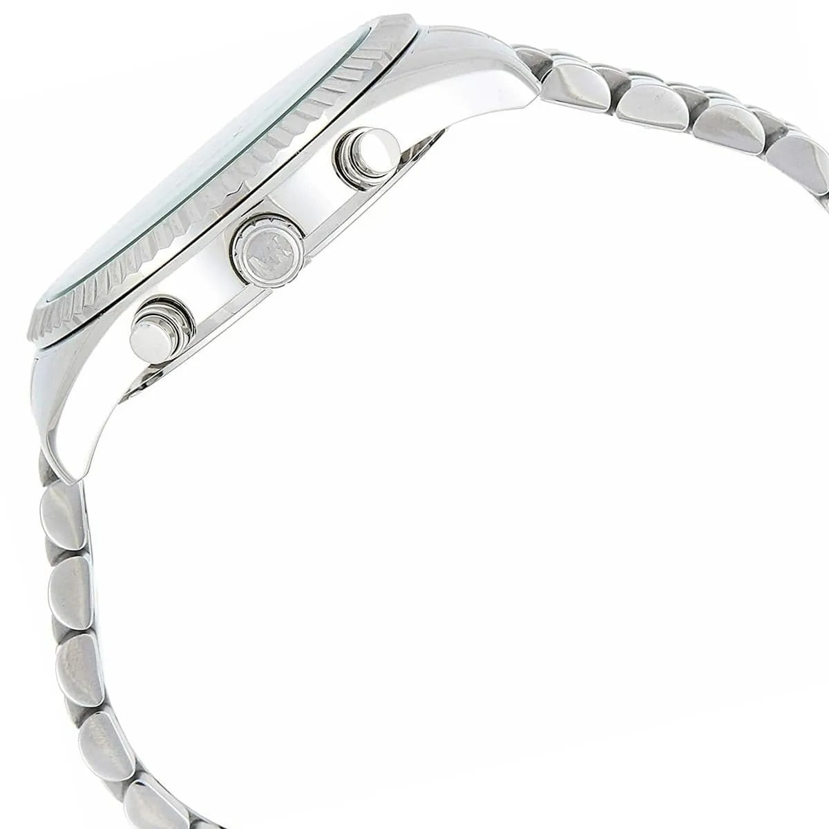 Side view of Michael Kors MK8405 with silver stainless steel strap and case