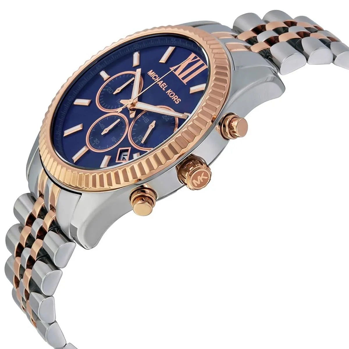 Angled view of Michael Kors MK8412 with blue dial and two-tone silver and rose gold strap