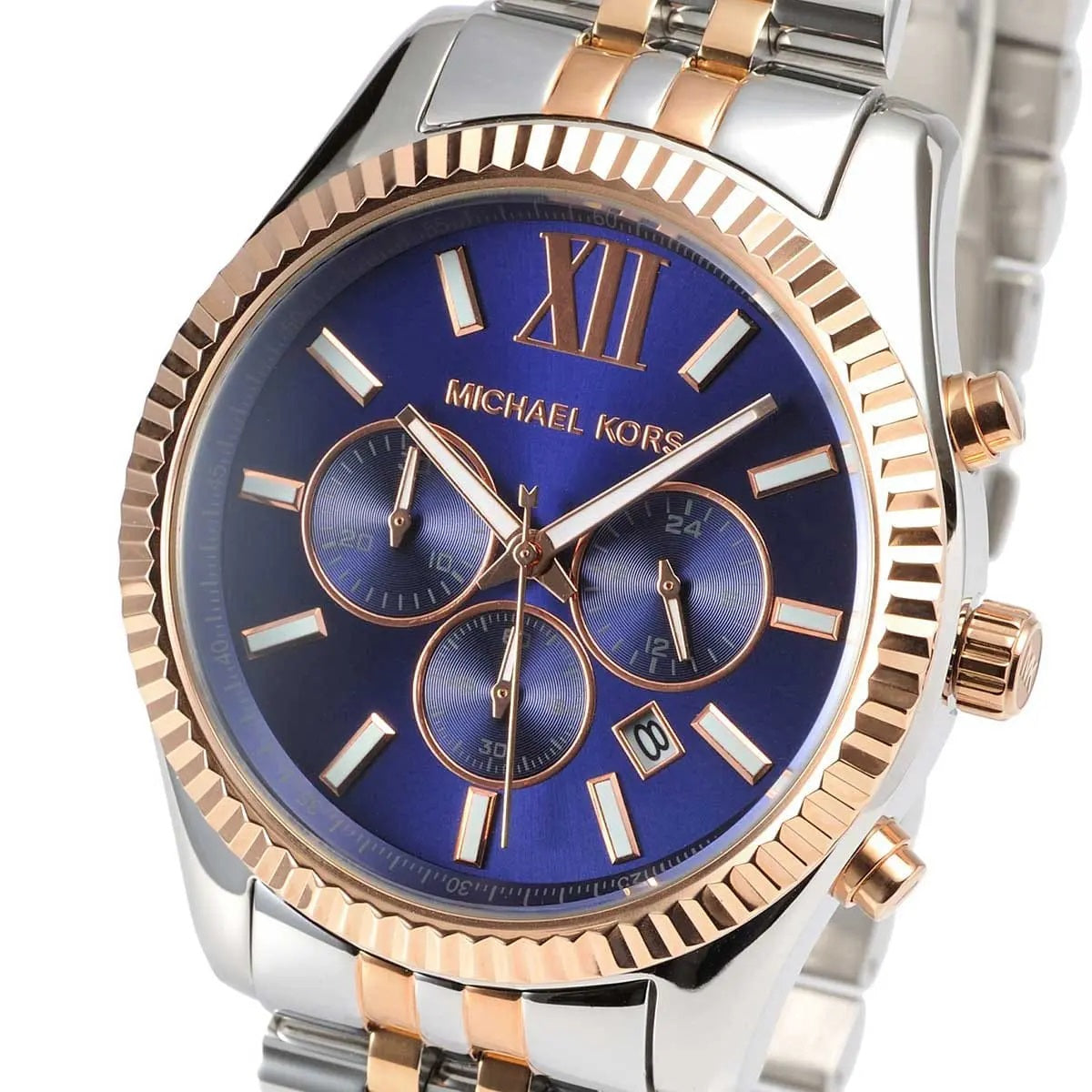 Close-up of blue dial on Michael Kors MK8412 men's two-tone watch with rose gold accents