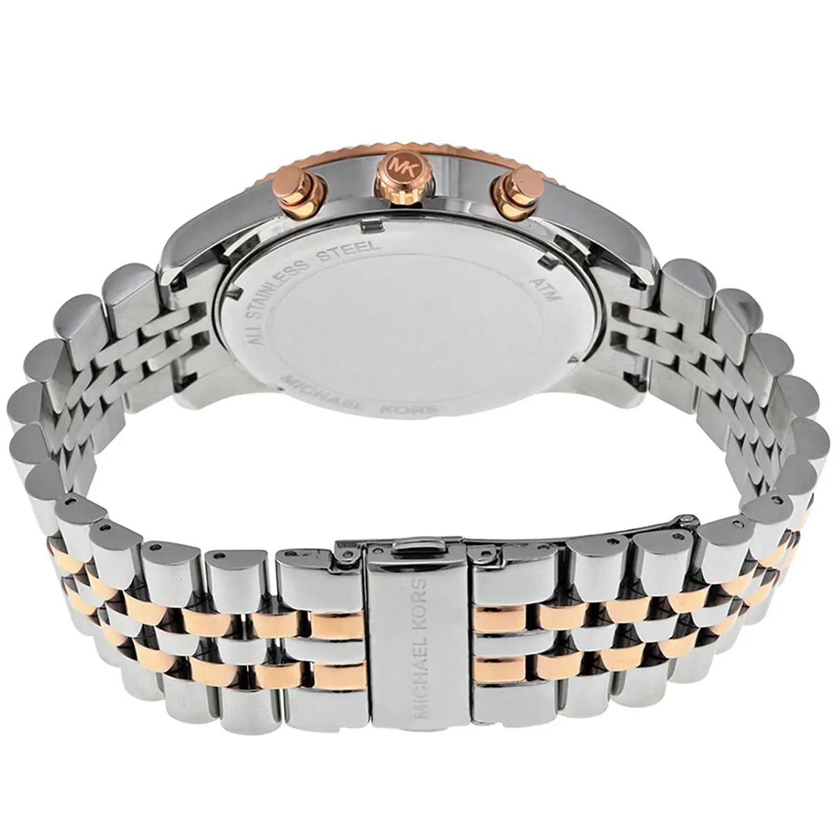 Clasp and bracelet view of Michael Kors MK8412 men's watch with rose gold and silver band