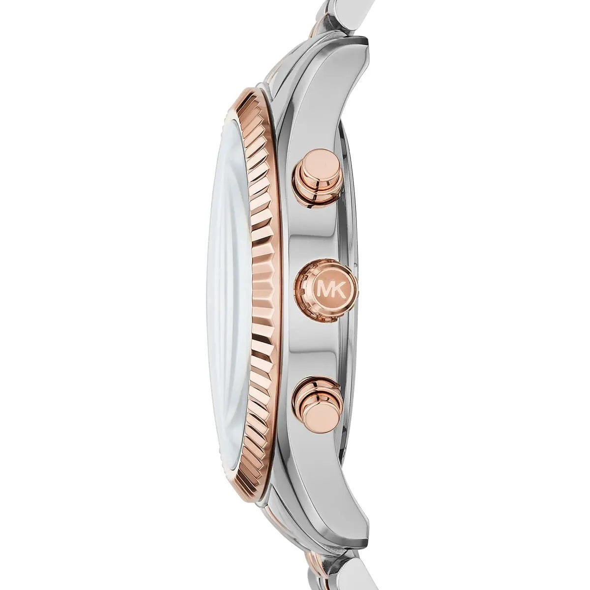 Side view of Michael Kors MK8412 with silver and rose gold two-tone bracelet