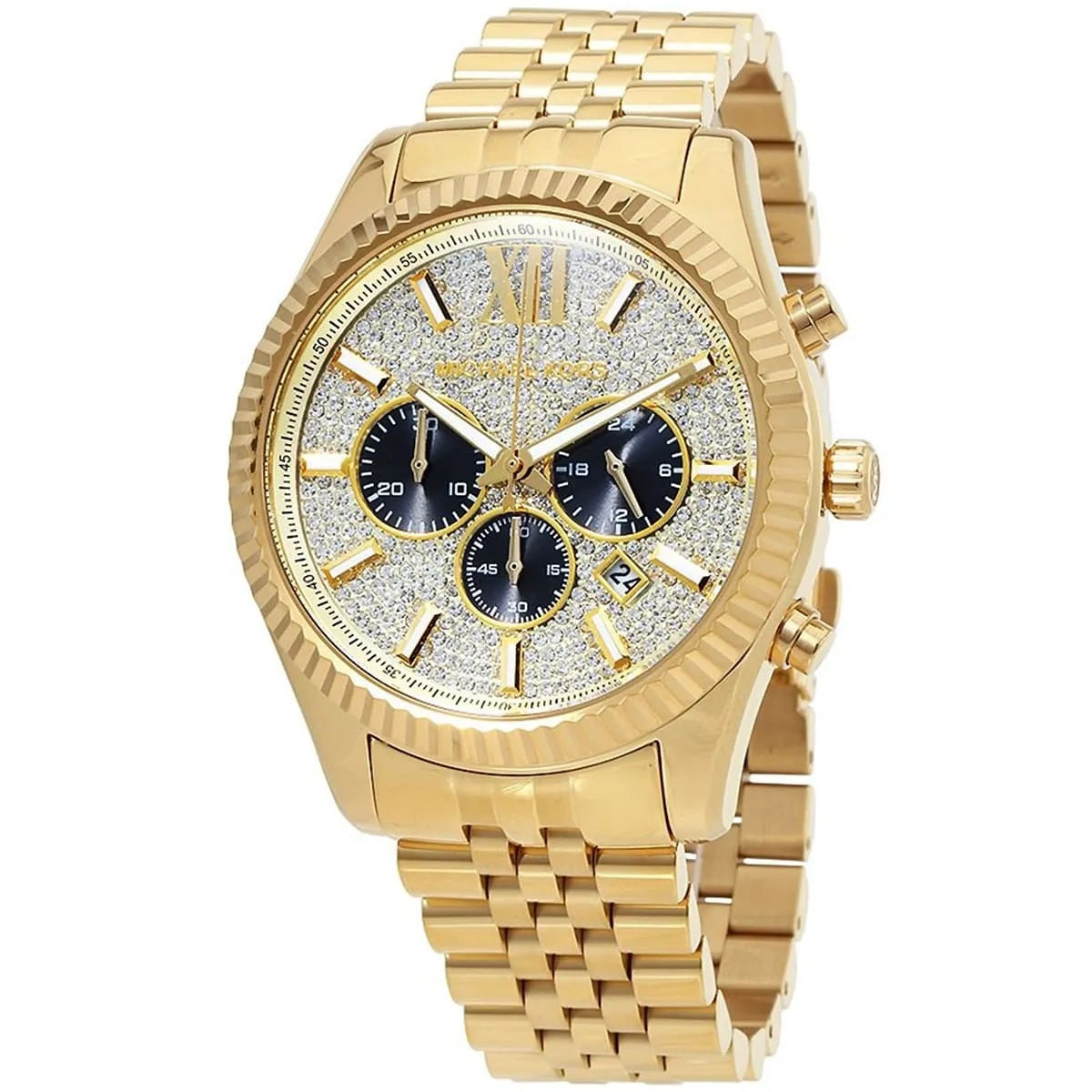 Close-up of pavé crystal dial on Michael Kors MK8494 gold men's watch