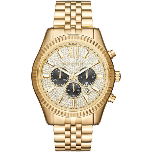 Front view of Michael Kors MK8494 men's gold watch with pavé crystal dial