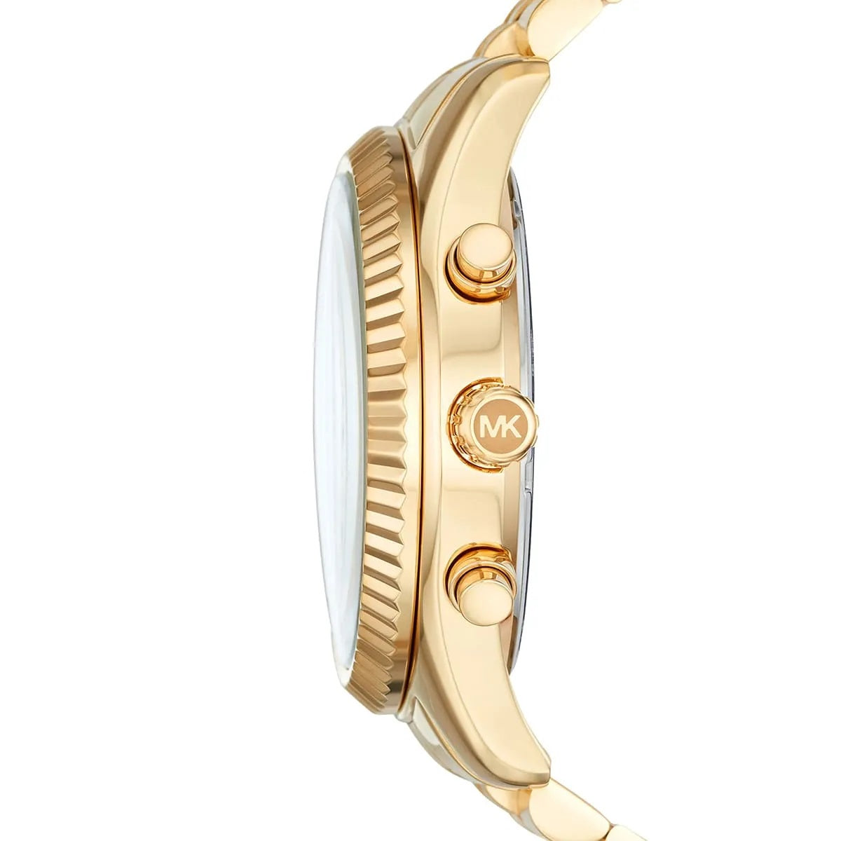 Side view of Michael Kors MK8494 showing polished gold case and crystal dial