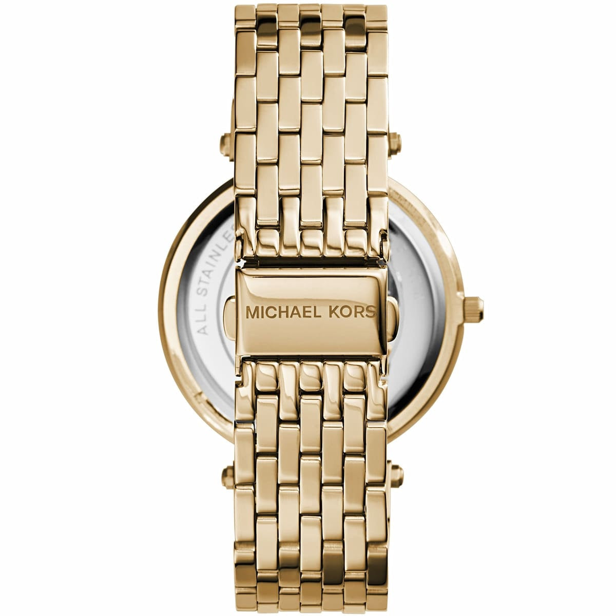 Back view of Michael Kors MK3191 women's watch showing the stainless steel gold strap and case.
