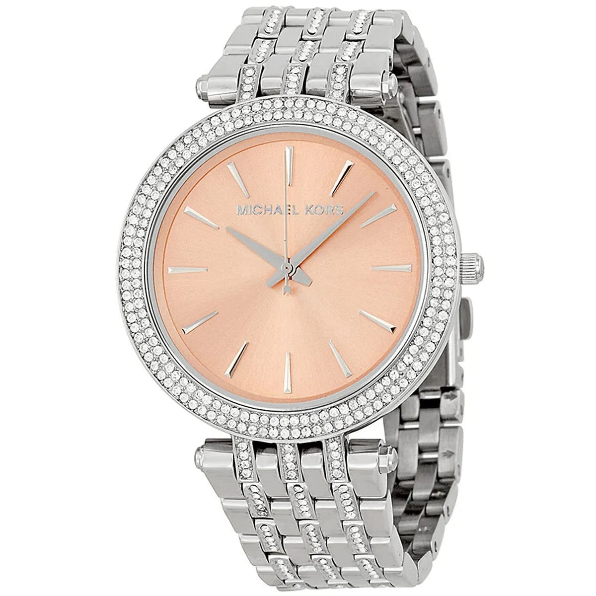 Close-up of the beige dial with crystal details on Michael Kors MK3218 women’s watch, highlighting its elegance and refined design