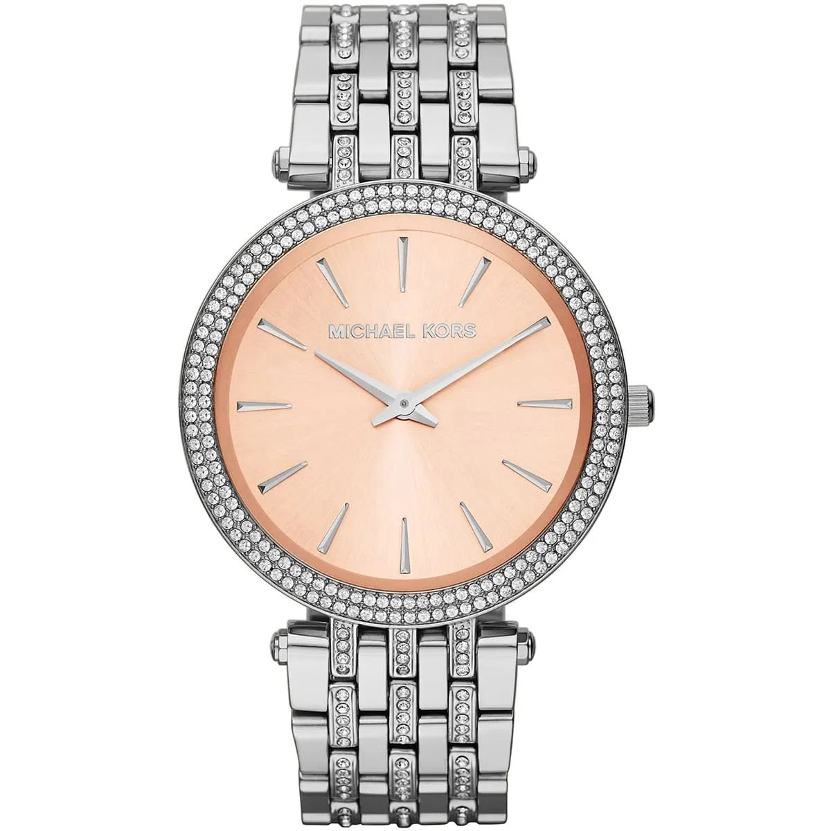 Front view of Michael Kors MK3218 women’s watch with stainless steel silver strap and beige dial, featuring crystals for added elegance