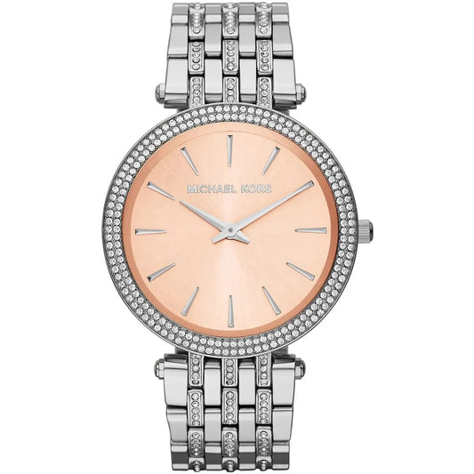 Front view of Michael Kors MK3218 women’s watch with stainless steel silver strap and beige dial, featuring crystals for added elegance