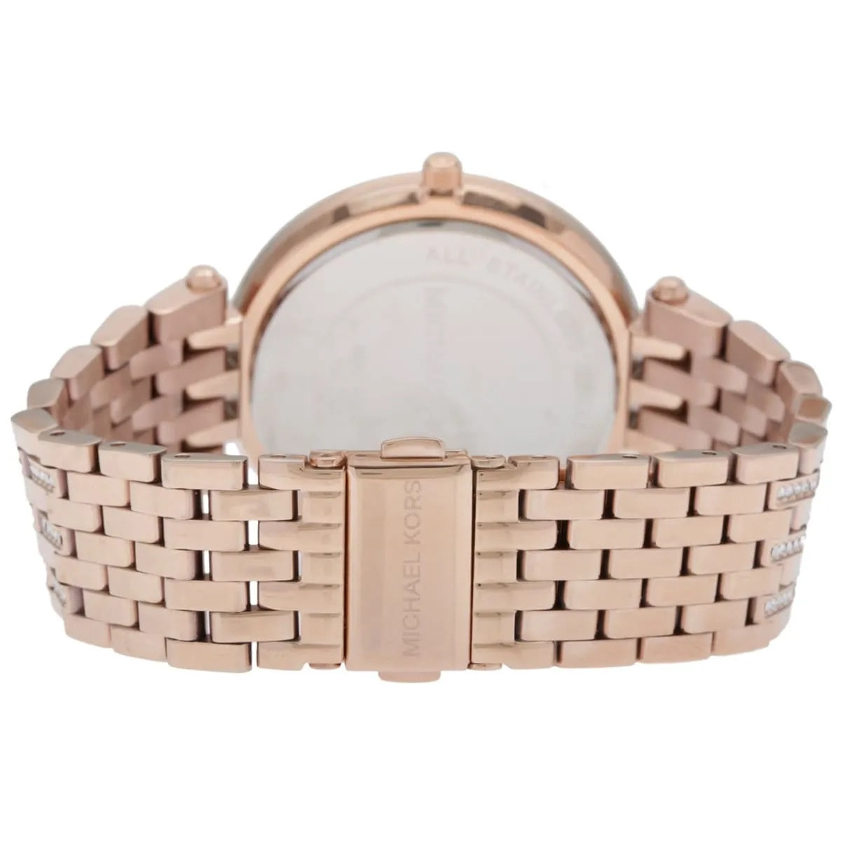 Back case of Michael Kors MK3220 women’s watch with engraved details and high-quality stainless steel finish