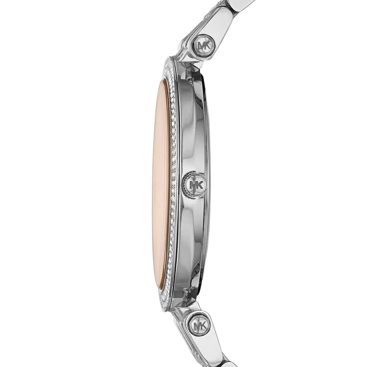 Side profile of Michael Kors MK3218 watch with silver strap and beige dial