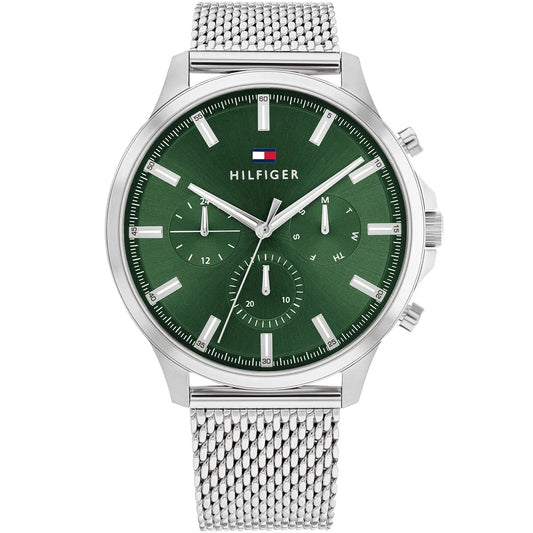 Front view of the Tommy Hilfiger 1710499 Ryder men's watch featuring a sunray green dial with silver-tone indices and a silver stainless steel mesh bracelet.
