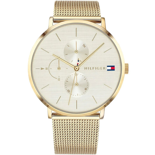 Front view of Tommy Hilfiger 1781943 women's watch with gold mesh strap and gold dial