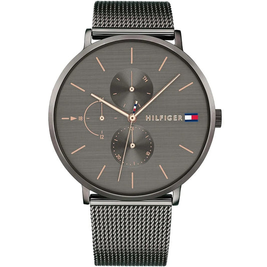 Front view of Tommy Hilfiger 1781945 women’s grey mesh strap watch with grey dial