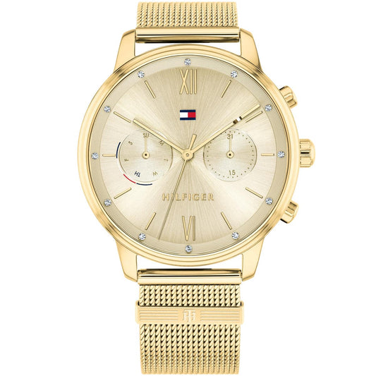 Front view of Tommy Hilfiger 1782302 women’s gold mesh strap watch with gold dial