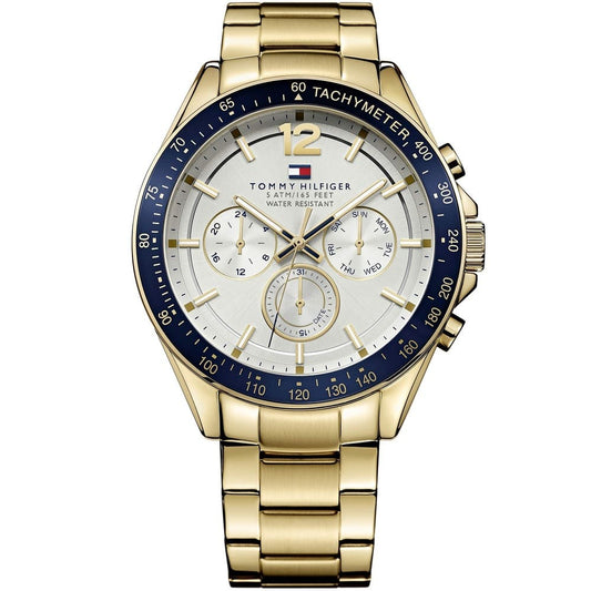 Front view of Tommy Hilfiger 1791121 men's gold watch with white face