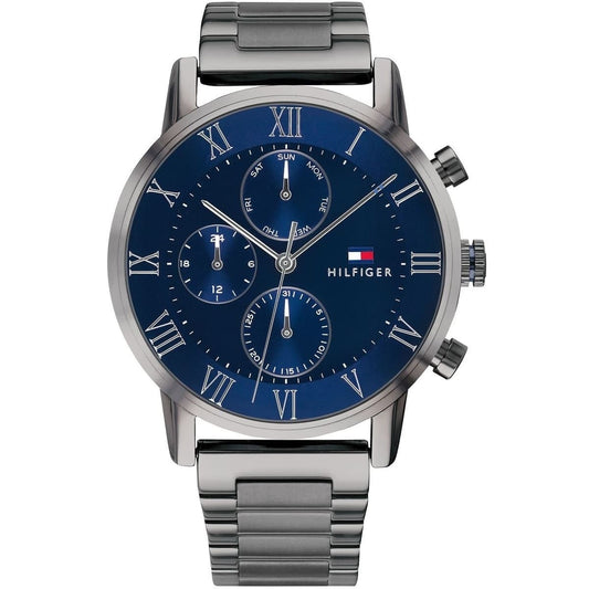 Close-up of blue dial on Tommy Hilfiger 1791456 men's stainless steel watch