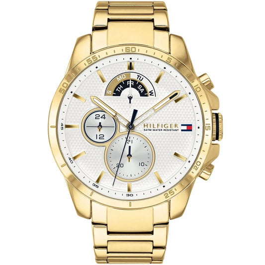 Front view of Tommy Hilfiger 1791538 gold men's watch with white dial