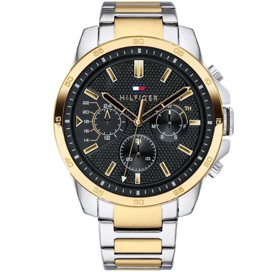 Front view of Tommy Hilfiger 1791559 men's two-tone watch with black dial