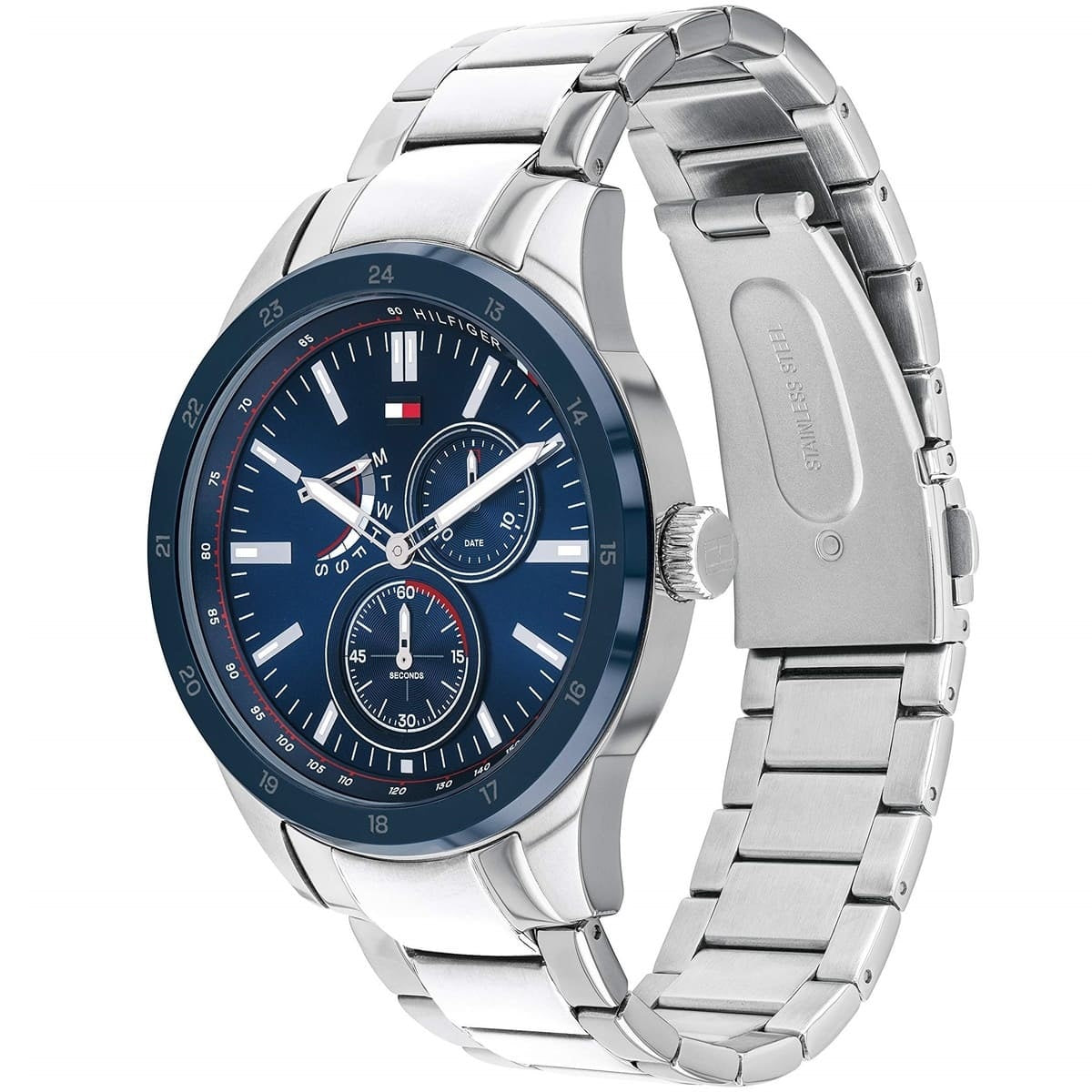 Side view of Tommy Hilfiger 1791640 men's watch showing stainless steel case and crown
