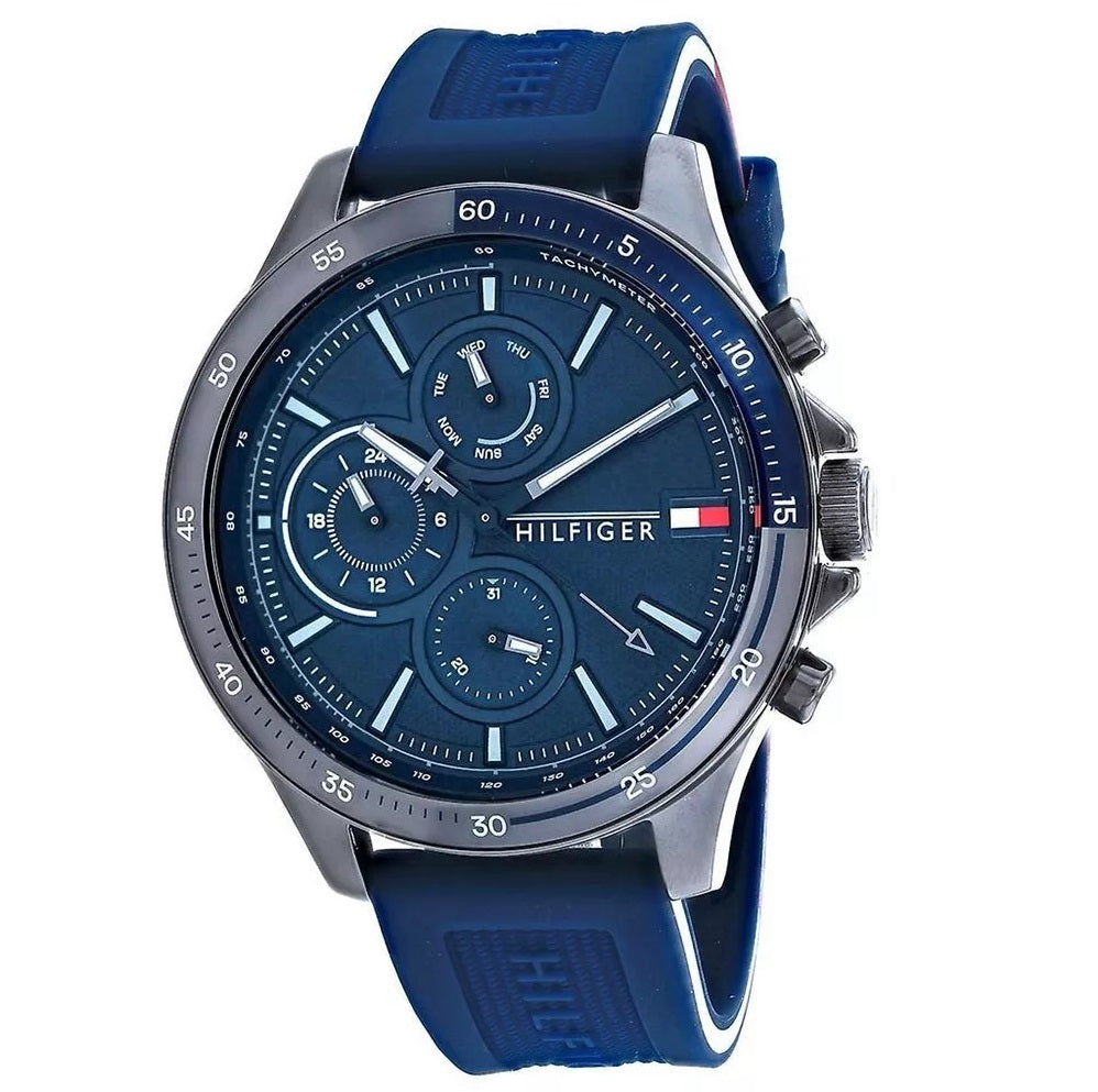 Close-up of Tommy Hilfiger 1791721 watch with blue dial and blue silicone strap