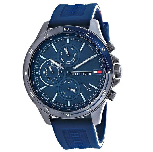 Close-up of Tommy Hilfiger 1791721 watch with blue dial and blue silicone strap