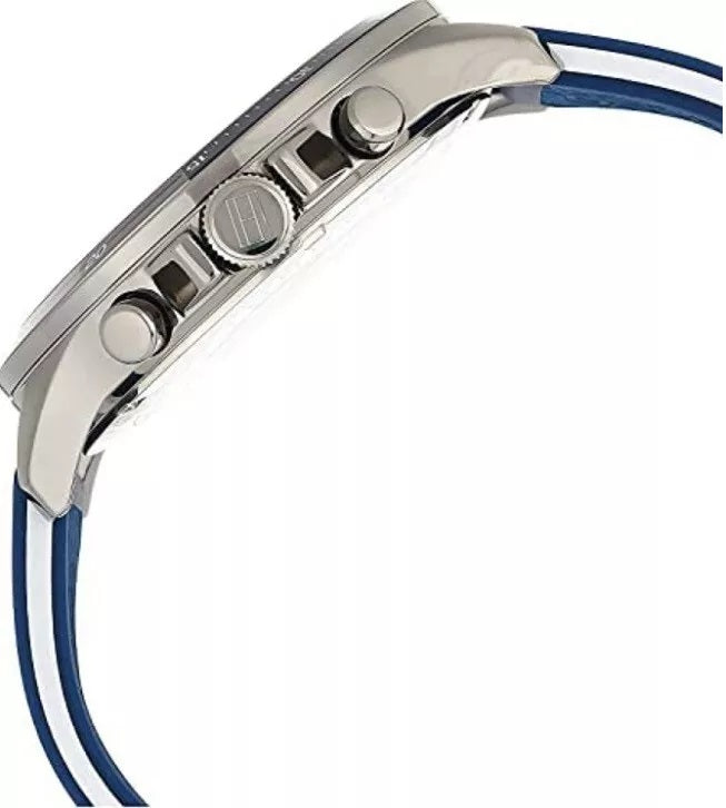 Side view of Tommy Hilfiger men’s watch 1791721 showing blue strap and case