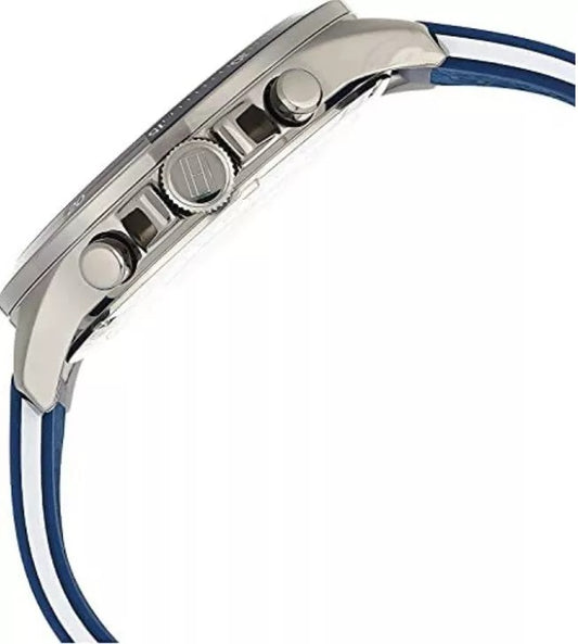 Side view of Tommy Hilfiger men’s watch 1791721 showing blue strap and case