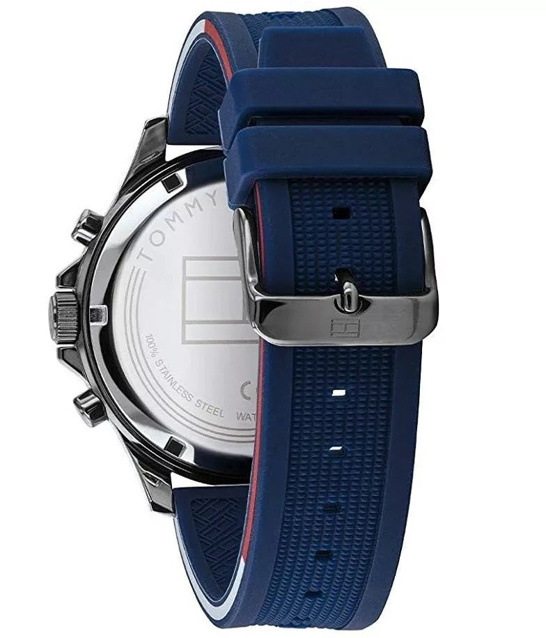 Back view of Tommy Hilfiger men’s watch 1791721 with silver back of the dial and silicone strap