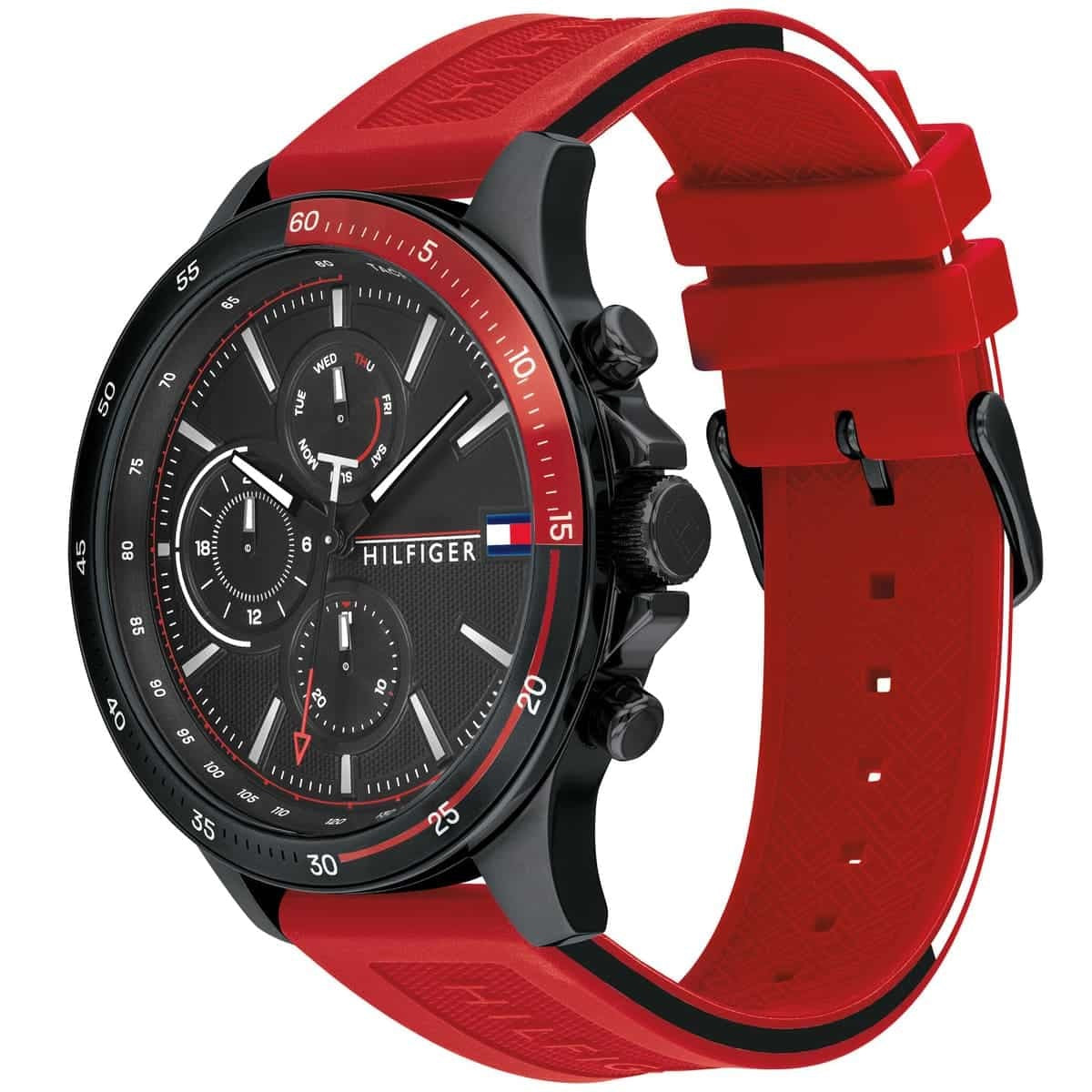 Side view of Tommy Hilfiger men’s watch with red silicone strap, black dial, and black case