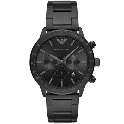 Front view of Emporio Armani AR11242 with black dial and stainless steel bracelet