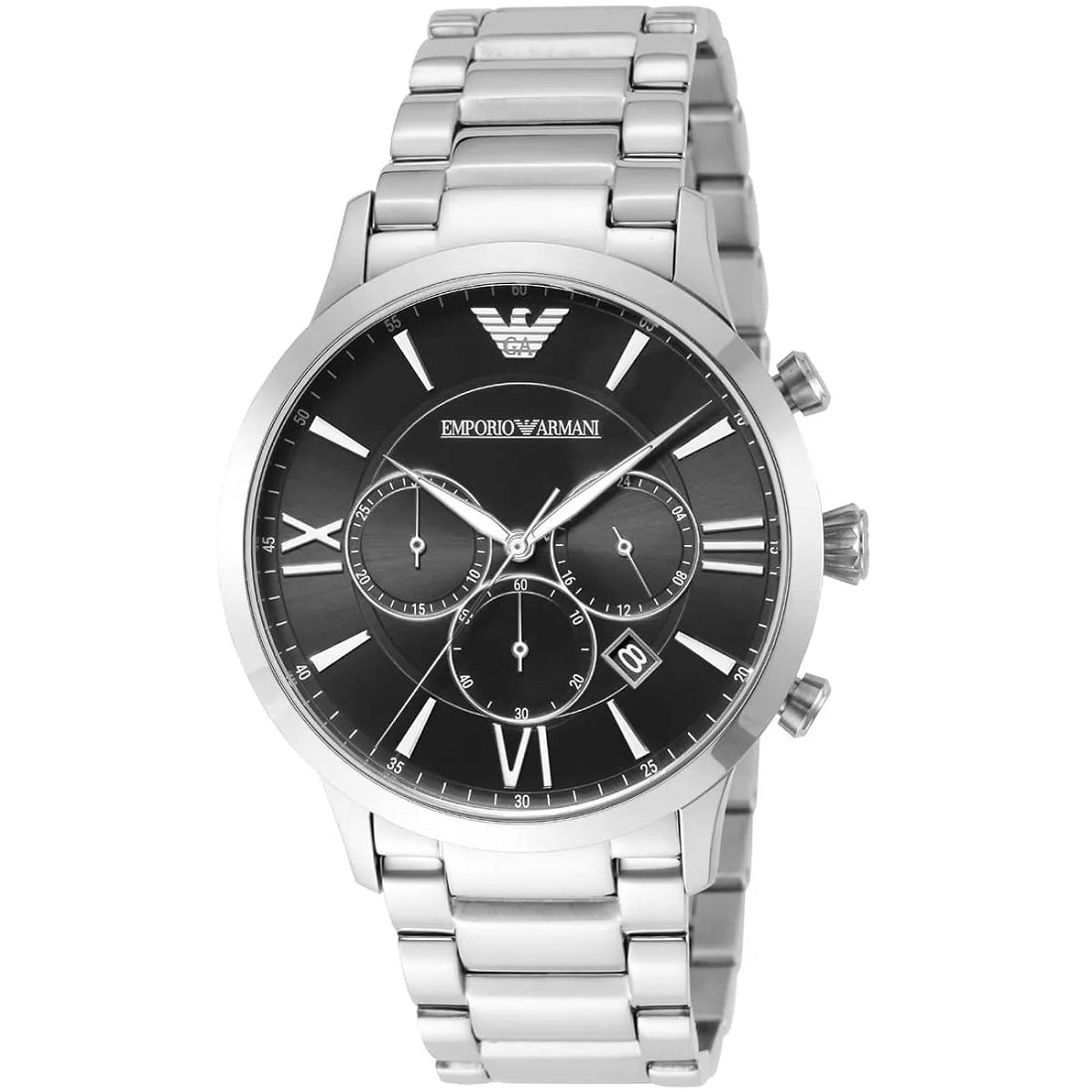 Close-up of black chronograph dial on Emporio Armani AR11208 Giovanni men’s watch