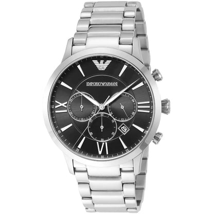 Close-up of black chronograph dial on Emporio Armani AR11208 Giovanni men’s watch