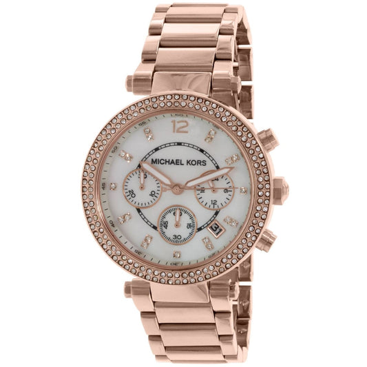 Close-up of mother of pearl dial on Michael Kors MK5491 rose gold women's watch