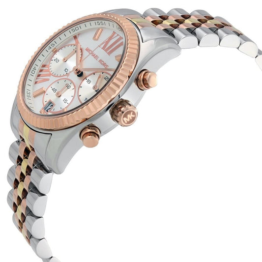 Angled view of Michael Kors MK5735 with silver dial and two-tone stainless steel bracelet