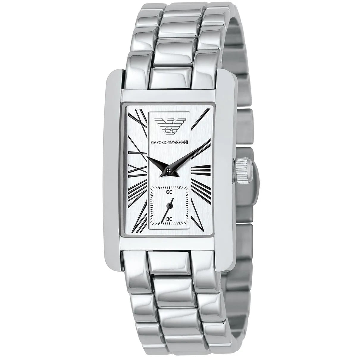 Close-up of Emporio Armani AR0146 white dial showcasing minimalist design and elegant markers