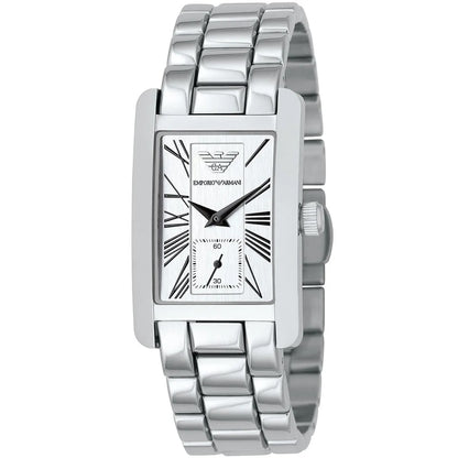 Close-up of Emporio Armani AR0146 white dial showcasing minimalist design and elegant markers