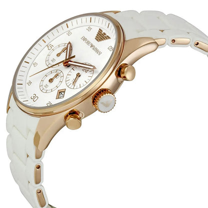 Angled shot of Emporio Armani AR5919 showcasing white silicone strap and gold case
