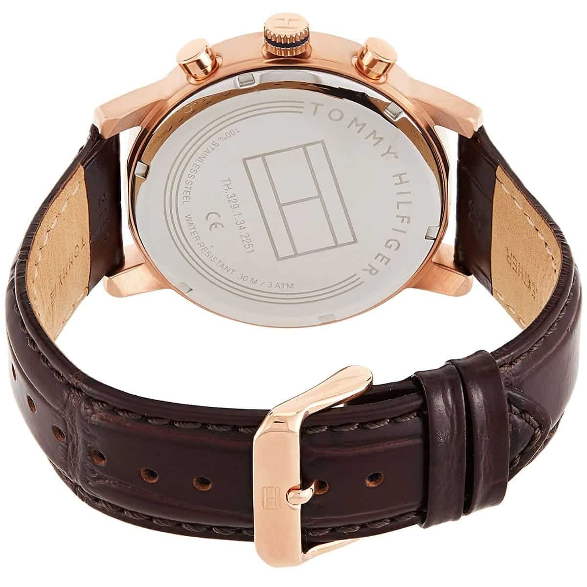 Buckle and strap view of Tommy Hilfiger 1791399 with brown leather and gold case