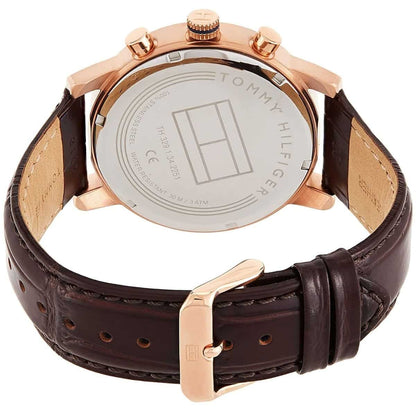 Buckle and strap view of Tommy Hilfiger 1791399 with brown leather and gold case