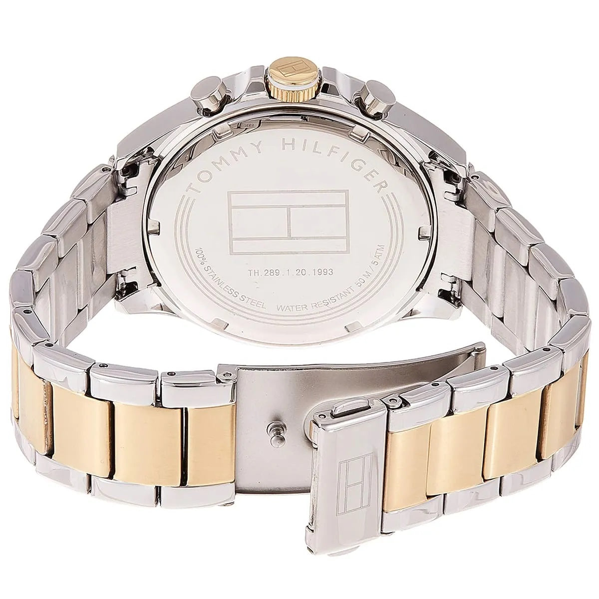 Clasp and bracelet view of Tommy Hilfiger 1791226 with silver and gold stainless steel strap