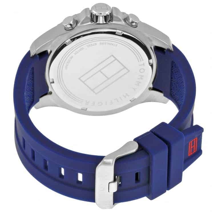 Strap and buckle view of Tommy Hilfiger 1791142 men's watch with blue silicone band