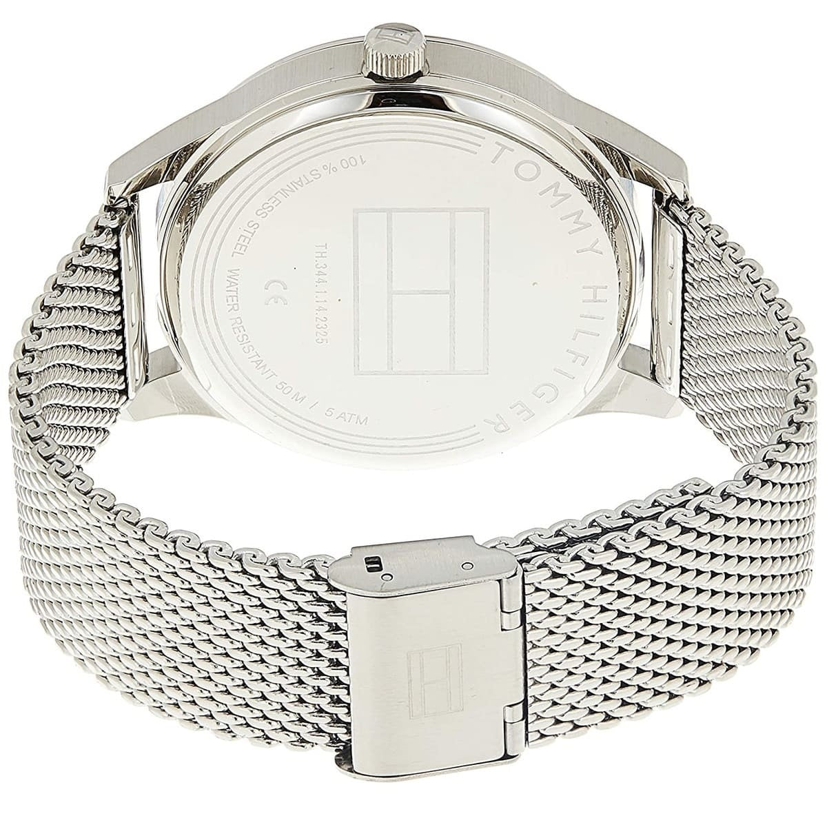 Clasp and mesh strap view of Tommy Hilfiger 1791415 silver watch for men