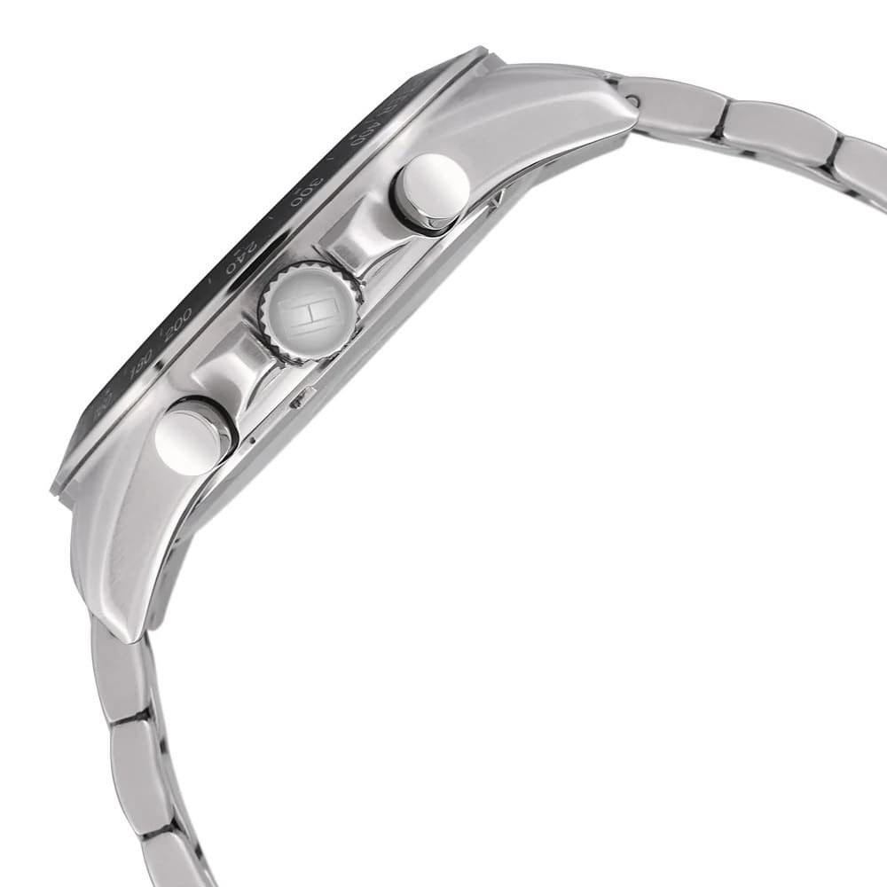 Side view of Tommy Hilfiger 1791104 showing polished stainless steel case and bracelet