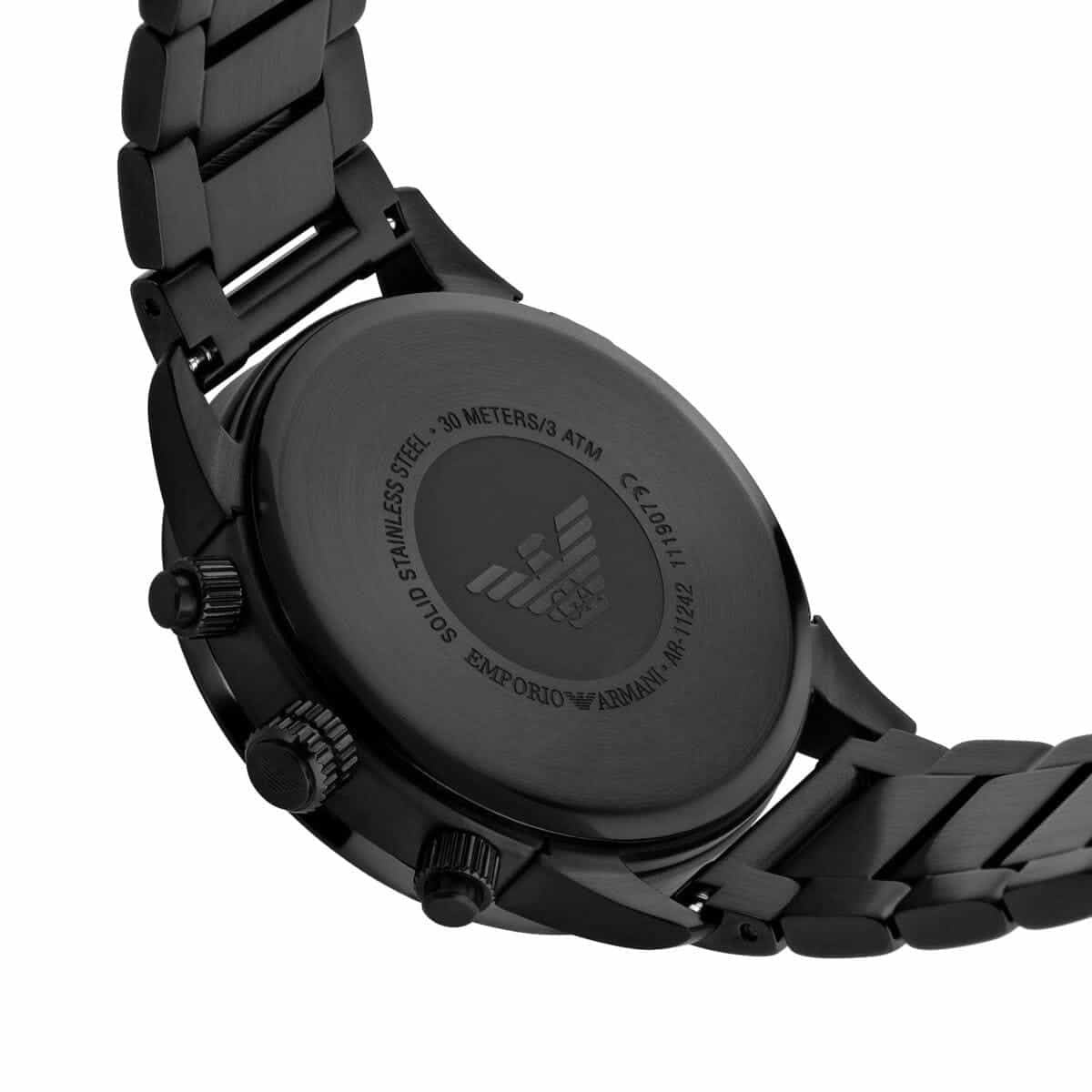 Caseback view of Emporio Armani AR11242 showing stainless steel finish