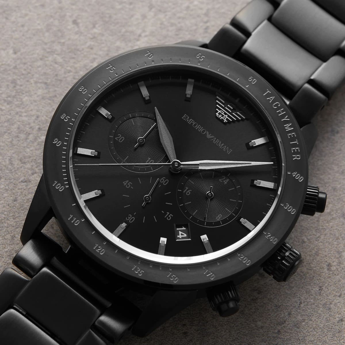 Close-up of black chronograph dial on Emporio Armani AR11242 men’s watch