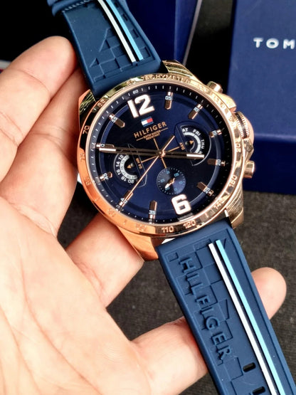 Tommy Hilfiger Men’s Watch Silicone Blue Strap With Blue Dial And Rose Gold Case 1791474