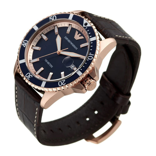 Angled view of AR11556 watch showing rotating diver-style bezel in rose gold and mineral glass crystal.