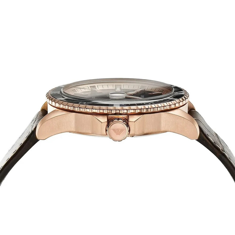 Side profile of Emporio Armani AR11556 showing rose gold PVD case thickness and Armani logo on crown.